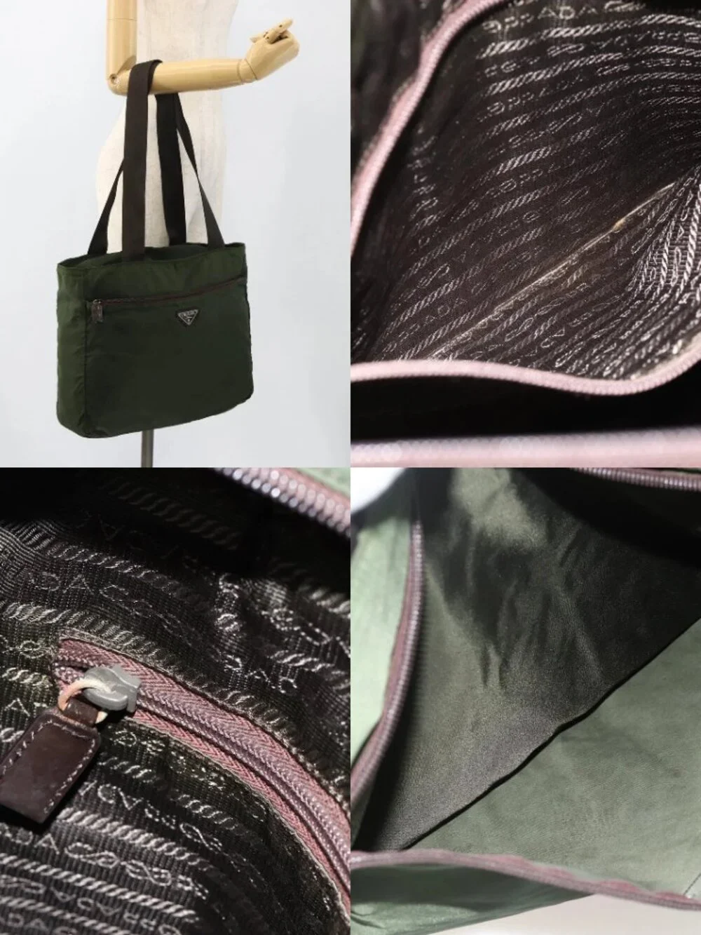 PRADA Tote Bag Nylon Khaki Silver Auth YKZ1160